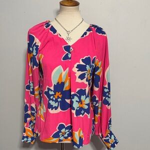 Dramatic Pink Floral V-Neck Long-Sleeve Blouse